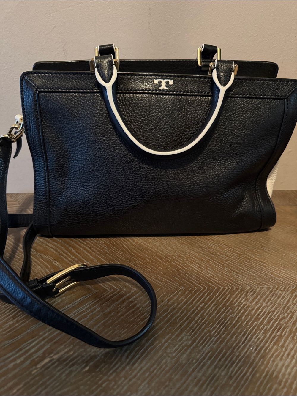 Tory Burch Black & White Pebbled Leather Satchel w/ Handles & Strap